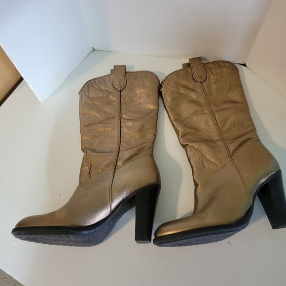 Mia Gold Leather Round Toe Stack Heel Pull-on Mid Calf Western Style Boo… - Picture 2 of 7